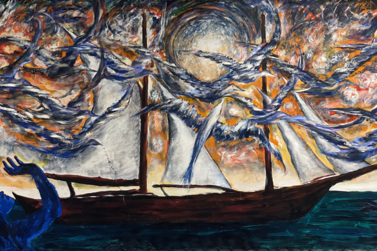 An artwork showing a ship sailing on the ocean with several birds of prey flying above it. The colors are muted, mostly grays, blues, and browns