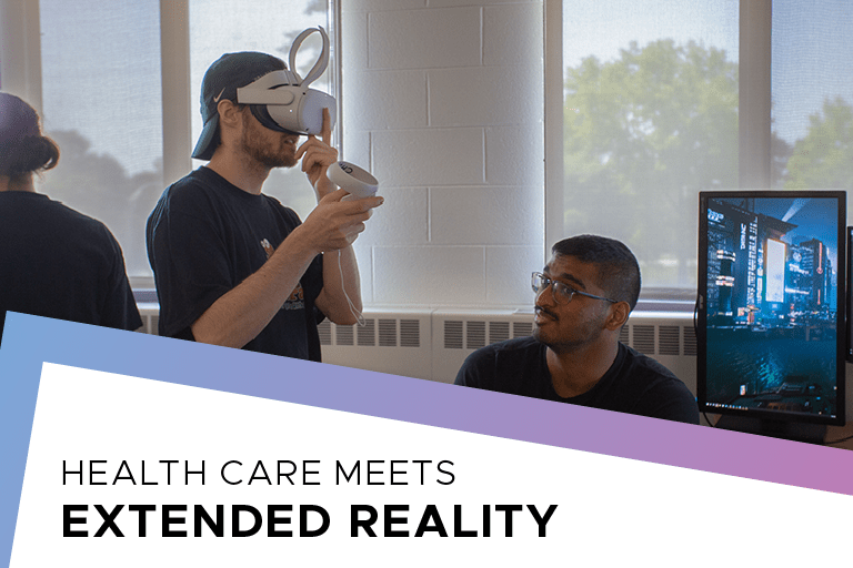 Photo of a VR headset being used with text that reads: "Health Care Meets Extended Reality"